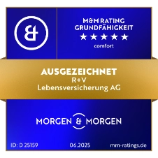 Das Siegel "Grundfähigkeit" von Morgen&Morgen mit "Ausgezeichnet" für unsere Lebensversicherung comfort, gültig bis 06.2025.
