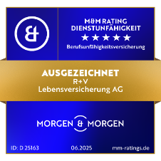 Das Siegel "Dienstunfähigkeit" von Morgen&Morgen mit "Ausgezeichnet" für unsere Berufsunfähigkeitsversicherung, gültig bis 06.2025.