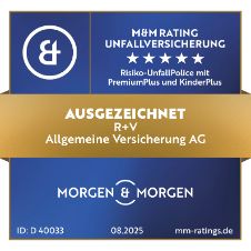 Das Siegel "Risiko-UnfallPolice mit PremiumPlus und KinderPlus" von Morgen&Morgen mit "Ausgezeichnet" für unsere Unfallversicherung, gültig bis 08.2025.