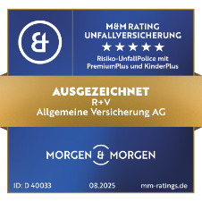 Das Siegel "Risiko-UnfallPolice mit PremiumPlus und KinderPlus" von Morgen&Morgen mit "Ausgezeichnet" für unsere Unfallversicherung, gültig bis 08.2025.