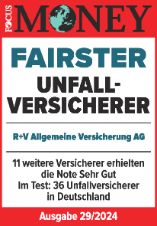 Das Siegel "Fairster Unfallversicherer" von Focus Money mit "Sehr gut" für unsere Unfallversicherung, gültig bis 07.2025.