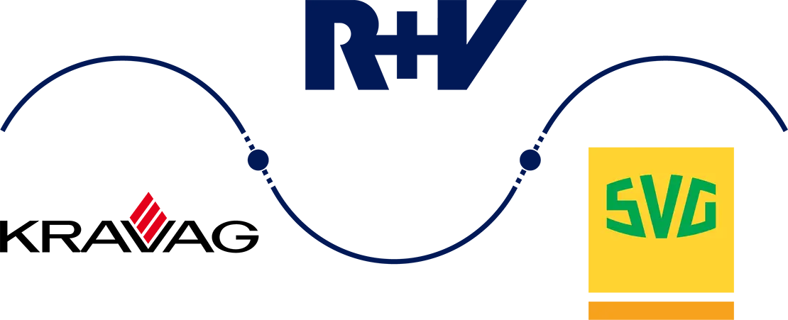 RHV, KRAVAG und SVG Logos verbunden durch eine Wellenlinie mit Verbindungspunkten