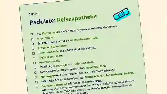 Packliste Reiseapotheke mit Kontrollkästchen und Medikamenten-Checkliste für Reisen