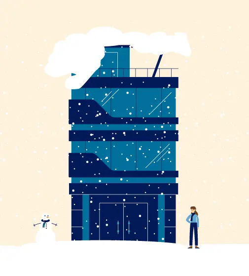 Illustration eines mehrstöckigen Gebäudes mit Sternen und Datenvisualisierungen, flankiert von zwei Personen und einem Schneemann
