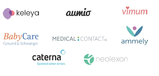 Logos von neun Unternehmen aus dem Gesundheits- und Medizinbereich: Keleya, Aumio, Vimum, BabyCare, Medical Contact, Ammely, Caterna, Neolexon.