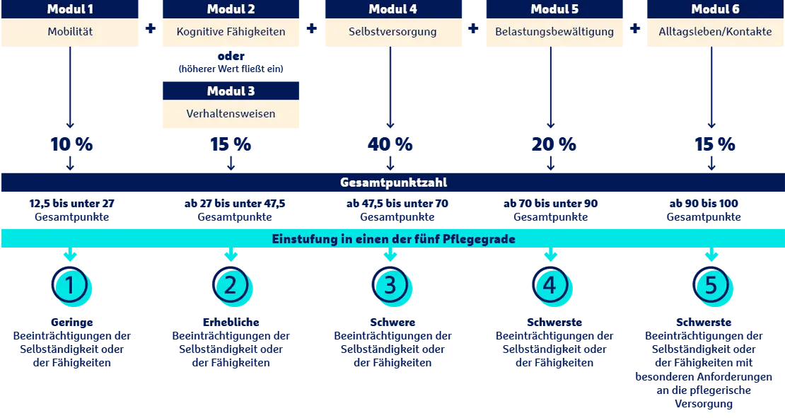 Pflegegradberechnung mit sechs Modulen: Mobilität, kognitive Fähigkeiten, Selbstversorgung, Belastungsbewältigung und Alltagsleben führen zu Gesamtpunktzahl und Pflegegraden 1-5.