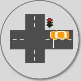 Kreuzung mit Ampel auf Rot und gelbem Auto, das von rechts auf die Straße fährt, Pixelgrafik-Stil.