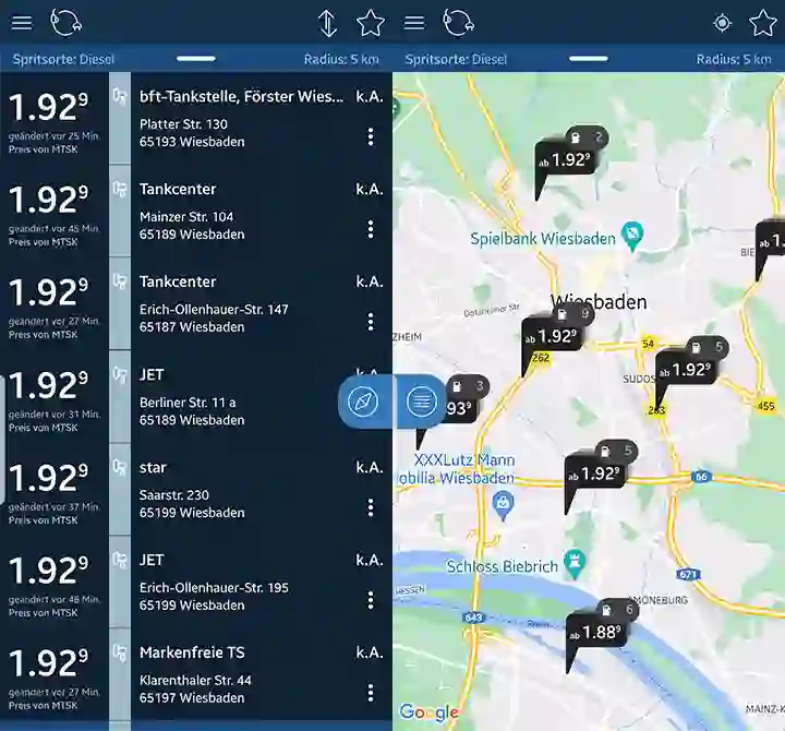 Screenshot aus der Clever-Tanken App