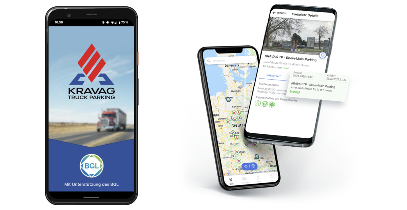 Smartphones, die die Kravag Truckparking App zeigen.