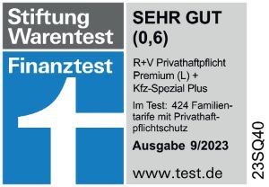 Das Siegel von Stiftung Warentest Finanztest für unsere R+V-Privathaftpflicht + Kfz-Spezial Plus mit "Sehr gut", gültig bis 09.2025.