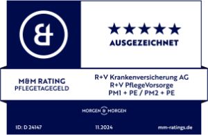 Das Siegel "Pflegetagegeld" von Morgen&Morgen mit "Ausgezeichnet" für unsere R+V-PflegeVorsorge, gültig bis 11.2025.