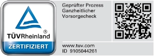 Das Siegel vom TÜV Rheinland für den Prozess des ganzheitlichen Vorsorgechecks für Privatkunden, gültig bis Mai 2027.