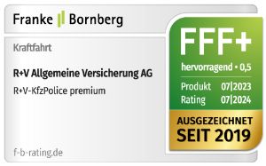 Das Siegel von Franke & Bornberg für unsere R+V-KfzPolice Premium mit der Note "hervorragend", gültig bis 07.2025.
