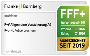 Das Siegel wurde von Franke & Bornberg GmbH für unsere R+V-KfzPolice Premium mit der Note "hervorragend" vergeben. Gültig bis Juli 2027.
