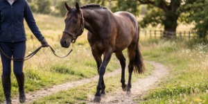Frau geht mit Braunem Pferd über einen Feldweg