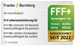 Das Siegel von Franke & Bornberg für unsere R+V-Berufsunfähigkeitsprodukte mit der Note "hervorragend", gültig bis 08.2025.