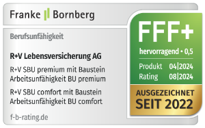 Das Siegel von Franke & Bornberg für unsere R+V-Berufsunfähigkeitsprodukte mit der Note "hervorragend", gültig bis 08.2025.