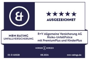 Das Siegel "Risiko-UnfallPolice mit PremiumPlus und KinderPlus" von Morgen&Morgen mit "Ausgezeichnet" für unsere Unfallversicherung, gültig bis 08.2025.