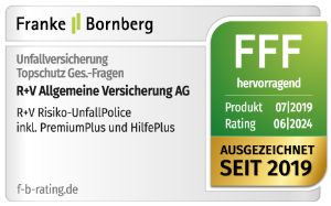 Das Siegel von Franke & Bornberg für unsere R+V Risiko-UnfallPolice inkl. PremiumPlus und HilfePlus, Note "hervorragend", gültig bis 05.2025.