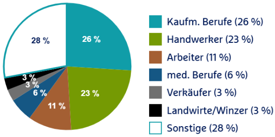 Kaufm. Berufe 26 %, Handwerker 23 %, Arbeiter 11 %, med. Berufe 6 %, Verkäufer 3 %, Landwirte/Winzer 3 %, Sonstige 28 %