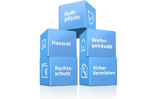 5 Würfel mit den Aufschriften Haftpflicht, Hausrat, Wohngebäude, Rechtsschutz und Sicher Vermieten.