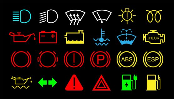 Übersicht der verschiedenen Kontrollleuchten im Auto in den Farben gelb, rot, weiß, orange, grün und blau.