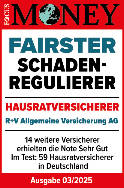 Das Siegel "Fairster Schadenregulierer" von Focus Money mit "Sehr gut" für unsere Hausratversicherung, gültig bis 01.2025.