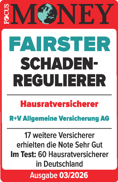 Das Siegel "Fairster Schadenregulierer" von Focus Money mit "Sehr gut" für unsere Hausratversicherung, gültig bis 01.2027.