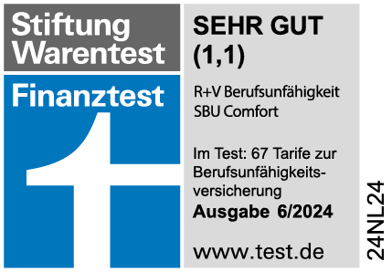 Das Siegel von Stiftung Warentest Finanztest für unsere Berufsunfähigkeitsversicherung mit "Sehr gut", gültig bis 06.2026.