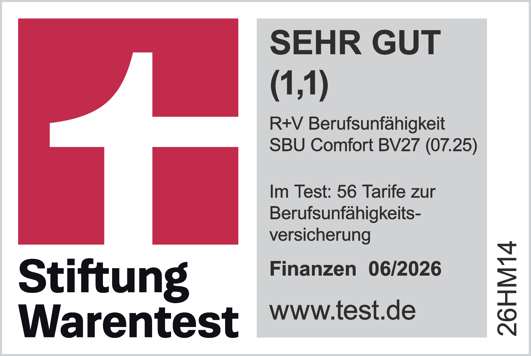 Das Siegel von Stiftung Warentest Finanztest für unsere Berufsunfähigkeitsversicherung mit "Sehr gut", gültig bis 06.2028.