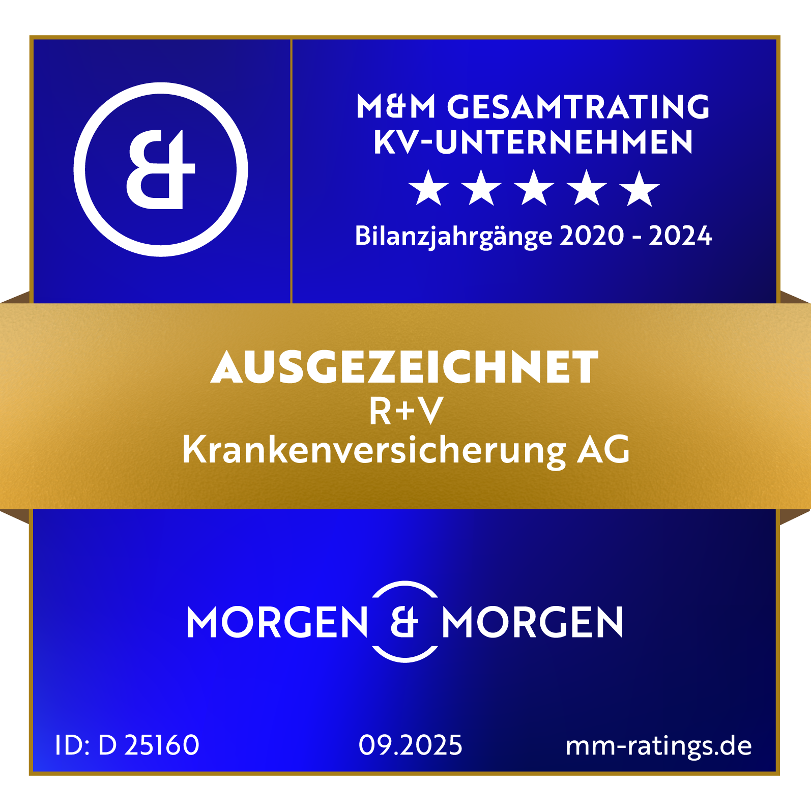 Das Siegel "Krankenversicherungs-Unternehmen" von Morgen&Morgen mit "Ausgezeichnet" für unsere R+V-Krankenversicherung, gültig bis September 2026.