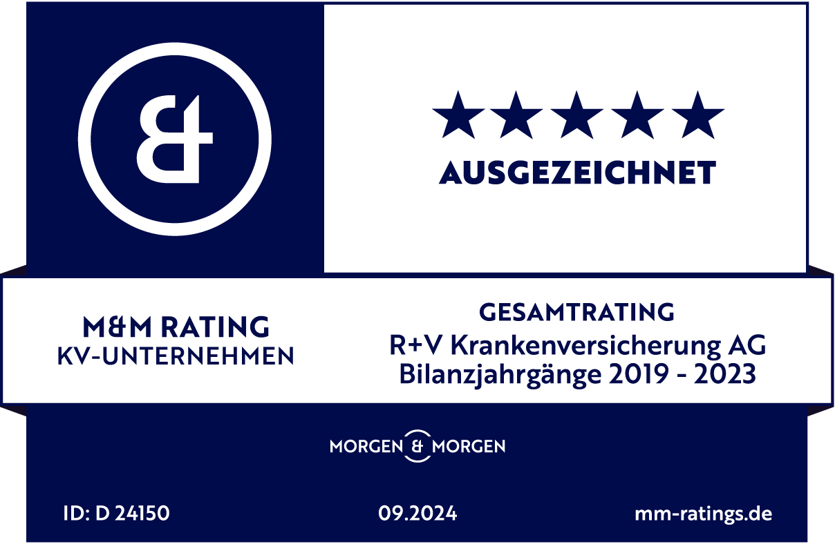 Das Siegel "Krankenversicherungs-Unternehmen" von Morgen&Morgen mit "Ausgezeichnet" für unsere R+V-Krankenversicherung, gültig bis 09.2025.