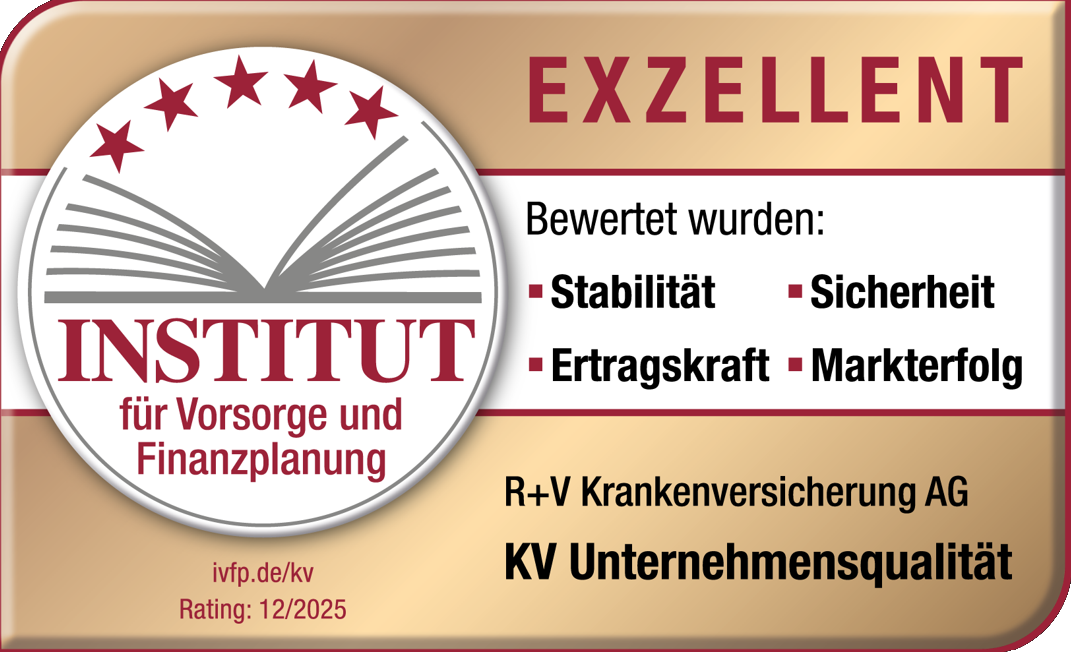 Das Siegel "KV Unternehmensqualität" vom Institut für Vorsorge und Finanzplanung mit "Exzellent" für unsere R+V-Krankenversicherung, gültig bis Dezember 2026.