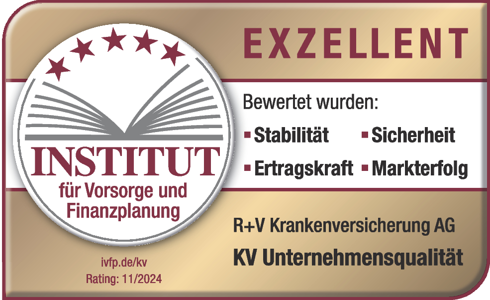 Das Siegel "KV Unternehmensqualität" vom Institut für Vorsorge und Finanzplanung mit "Exzellent" für unsere R+V-Krankenversicherung, gültig bis 12.2025.