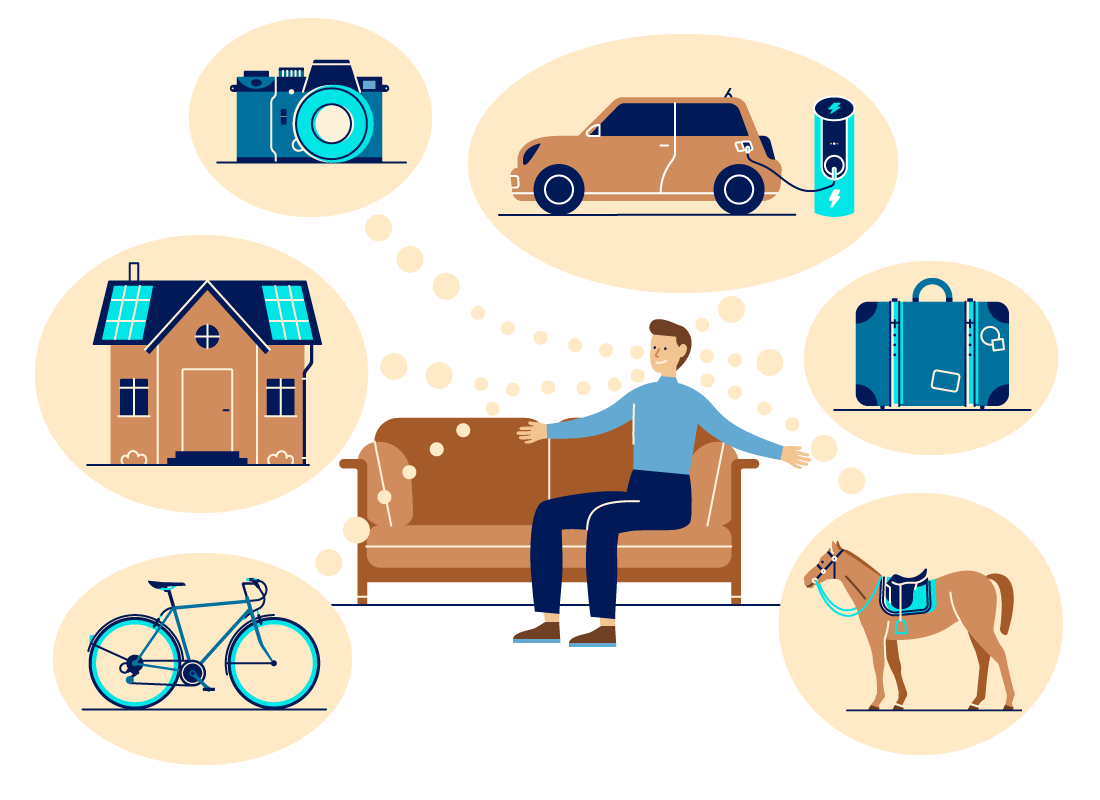 Eine Person sitzt auf einem Sofa, um sie herum sieht man in Gedankenblasen verschieden Träume: Fahrrad, Haus, Kamera, Elektroauto, Reise, Pferd...