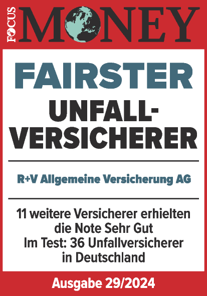 Das Siegel "Fairster Unfallversicherer" von Focus Money mit "Sehr gut" für unsere Unfallversicherung, gültig bis 07.2025.