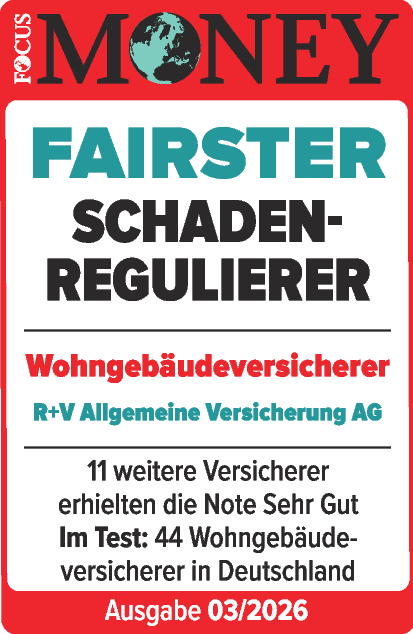 Das Siegel "Fairster Schadenregulierer" von Focus Money mit "Sehr gut" für unsere Wohngebäudeversicherung, gültig bis 01.2027.