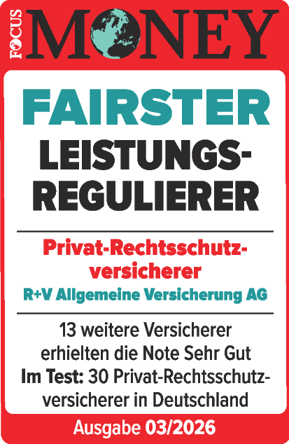 Das Siegel "Fairster Leistungsregulierer" von Focus Money mit "Sehr gut" für unsere Rechtsschutzversicherung, gültig bis 01.2027