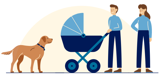 Illustration einer Familie mit Kinderwagen und Hund.