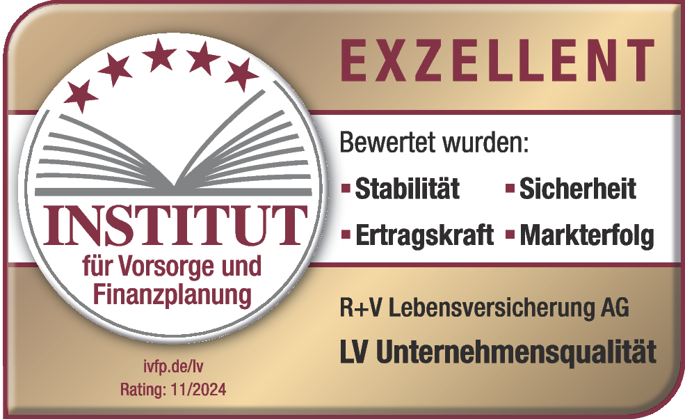Das Siegel "LV Unternehmensqualität" vom Institut für Vorsorge und Finanzplanung mit "Exzellent" für unsere R+V-Lebensversicherung, gültig bis 12.2025.