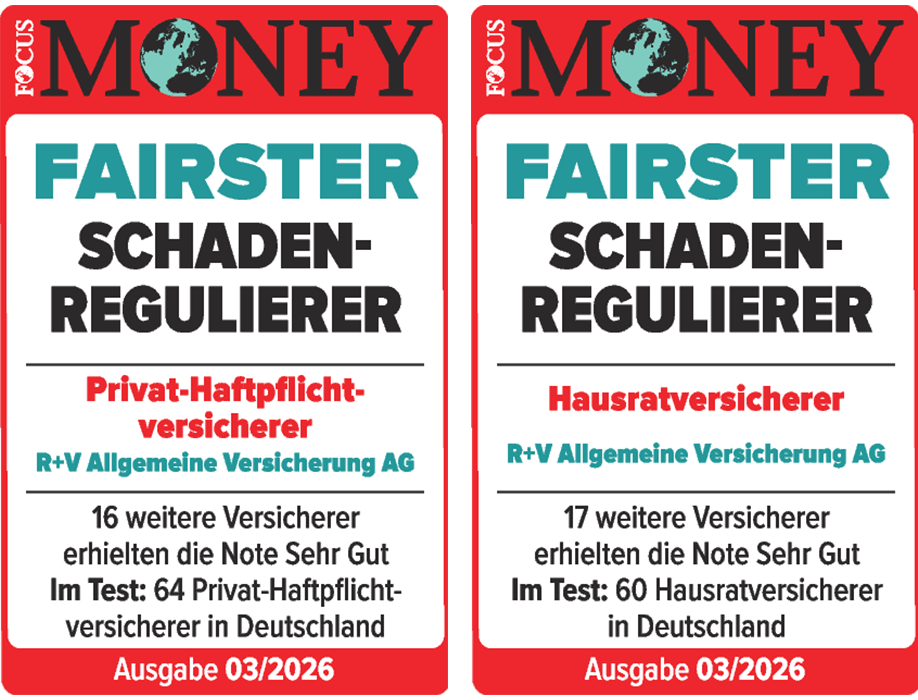 Das Siegel "Fairster Schadenregulierer" wurde von Focus Money für unsere Hausrat- und Haftpflichtversicherung mit der Note „Sehr gut“ vergeben. Gültig bis Januar 2027.