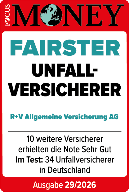 Das Siegel "Fairster Unfallversicherer" wurde von Focus Money für unsere Unfallversicherung mit der Note „Sehr gut“ vergeben. Gültig bis Juli 2027.