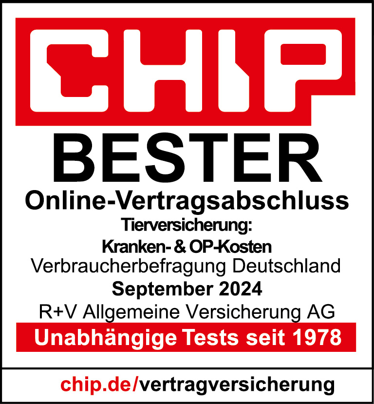 Das Siegel "Bester Online-Vertragsabschluss" wurde vom Portal Chip für unsere Tierversicherung: Kranken- & OP-Kosten vergeben. Gültig bis September 2025.