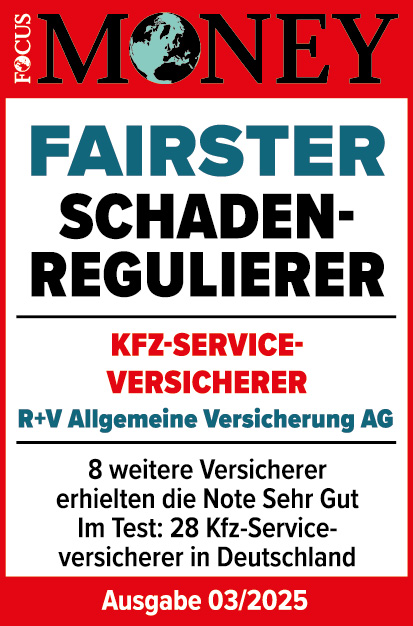 Das Siegel "Fairster Schadenregulierer" von Focus Money mit "Sehr gut" für unsere Kfz-Versicherung, gültig bis 01.2025.