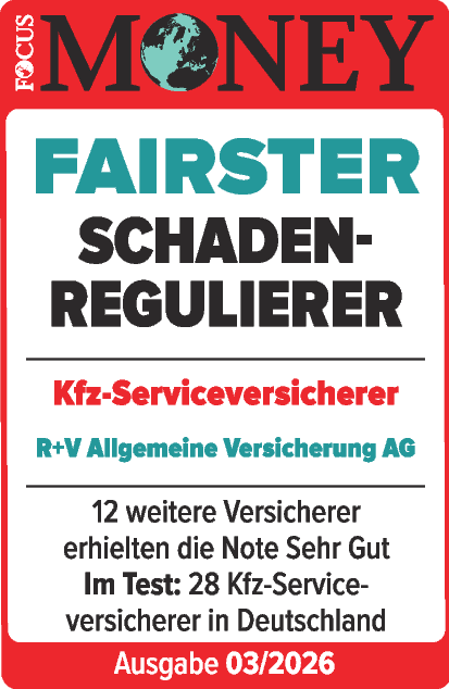Das Siegel "Fairster Schadenregulierer" von Focus Money mit "Sehr gut" für unsere Kfz-Versicherung, gültig bis 01.2027.