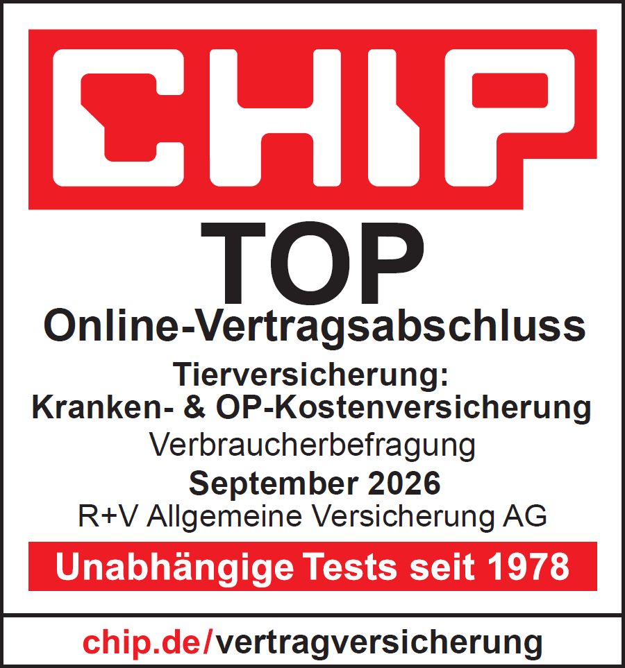 Das Siegel von CHIP für den Vertragsabschluss der Tierversicherung für Privatkunden, gültig bis September 2027.