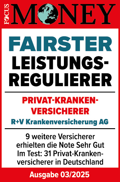 Das Siegel "Fairster Leistungsregulierer" von Focus Money mit "Sehr gut" für unsere Krankenversicherung, gültig bis 01.2026.