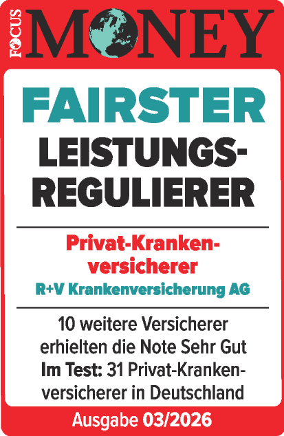 Das Siegel "Fairster Leistungsregulierer" von Focus Money mit "Sehr gut" für unsere Krankenversicherung, gültig bis 01.2027.